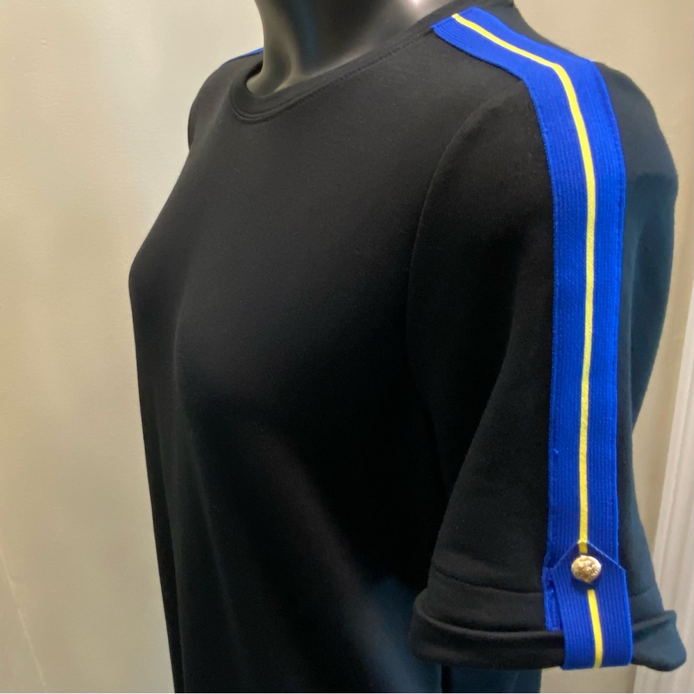 Lauren Ralph Lauren Black Top Tee Blue Yellow Stripe Trim Gold Crest Buttons M